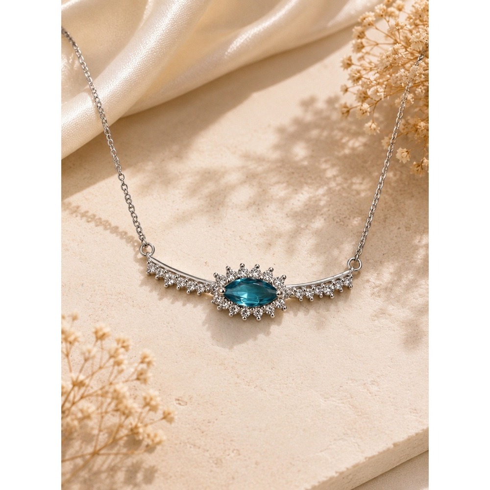 Bomb Party Teal Blue Marquise Crystal Silver‎ Tone Bar Necklace Elegant Jewelry
